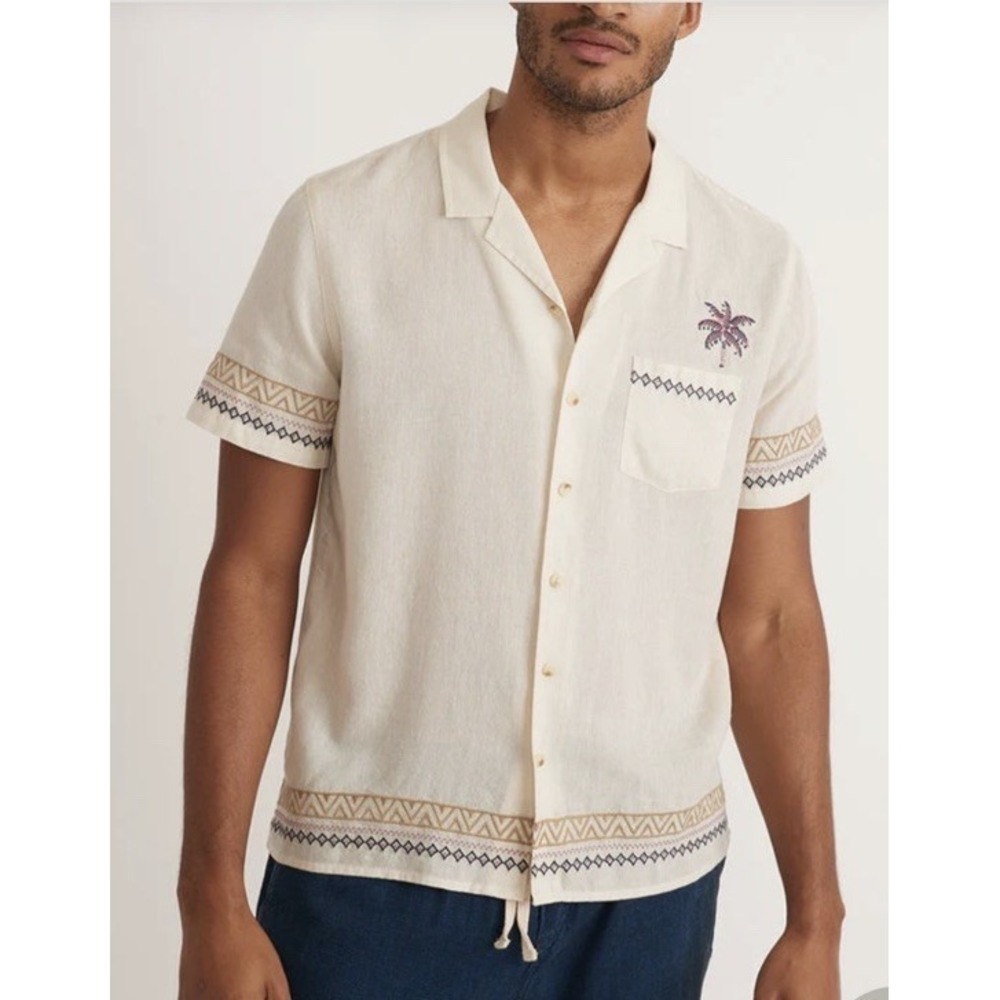 Marine Layer Short Sleeve Embroidered Resort Shirt Cream Marge Mens Med/large